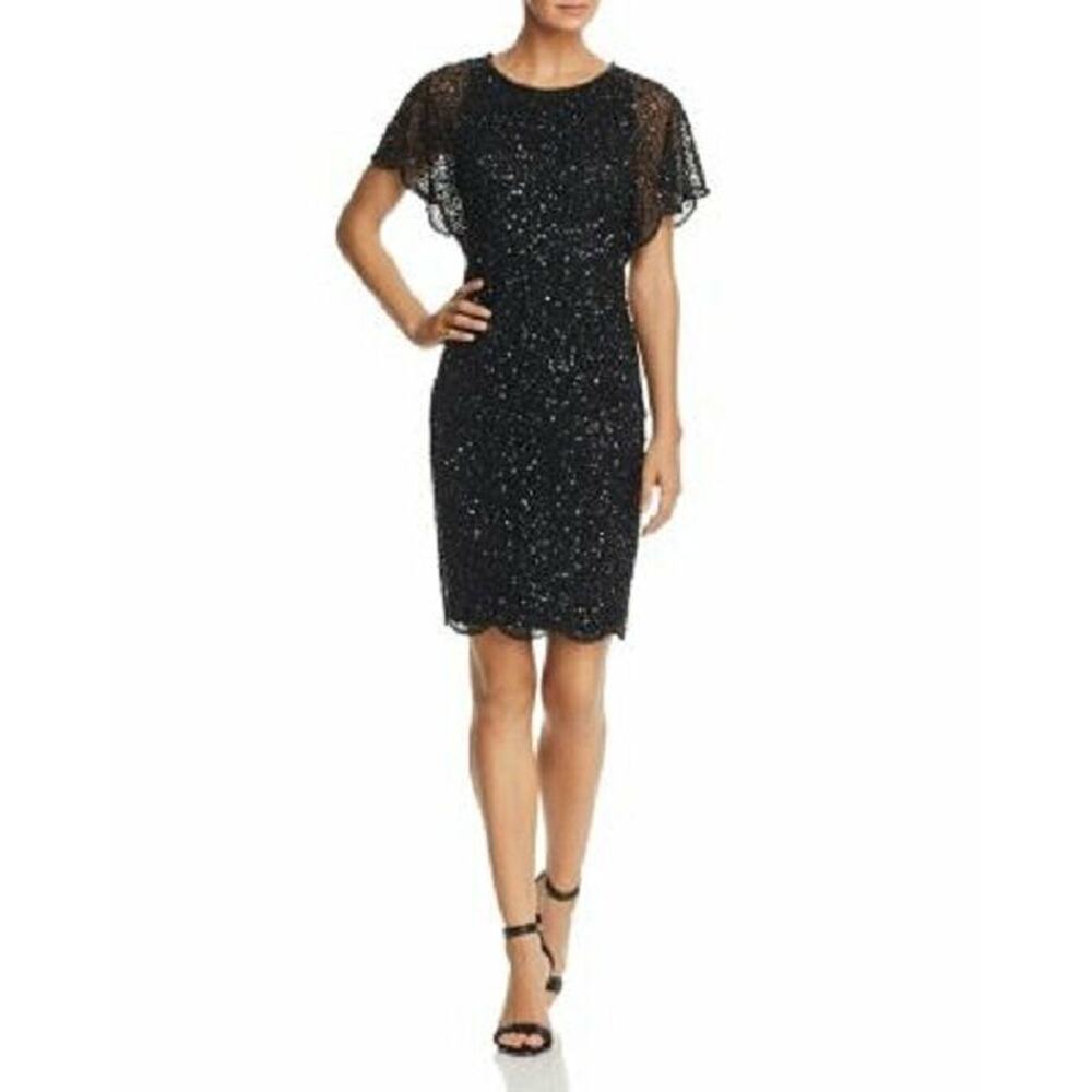 $199 Adrianna Papell Navy Blue Flutter Sleeve Scalloped Sequin Sheath 8 NWT A279